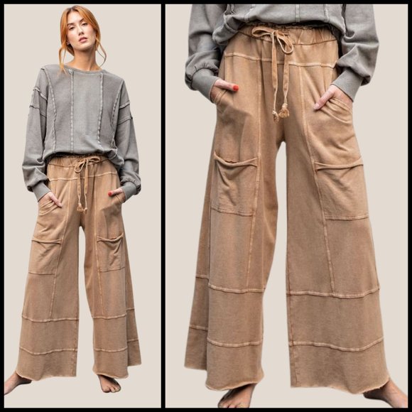 EASEL "Perfect Cargo" Terry Knit Mineral Washed Flared Leg Pants Raw Hem & Seams - Picture 15 of 15